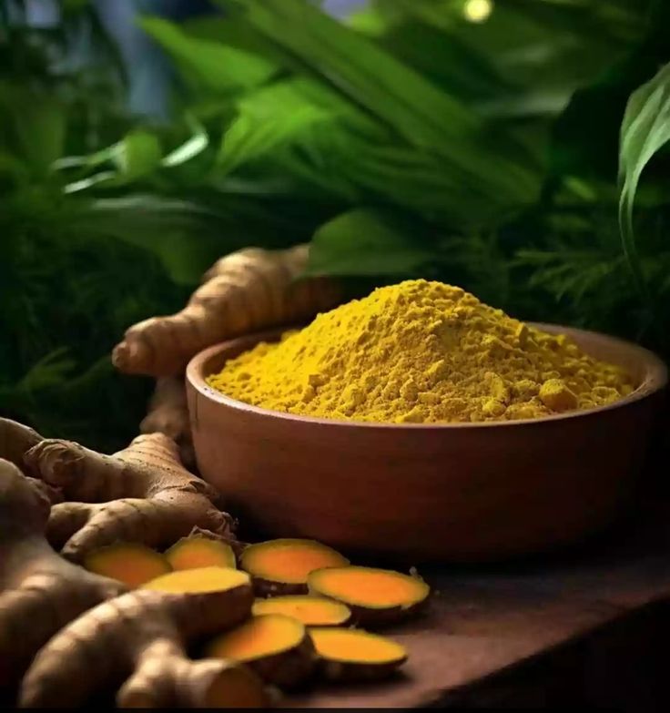 Diverse turmeric products - powder and fingers in wooden bowl
